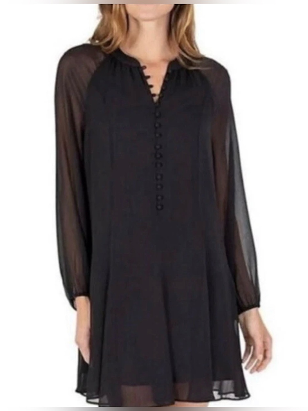 Joie Black Sheer-Sleeve Button-Front Long Dress